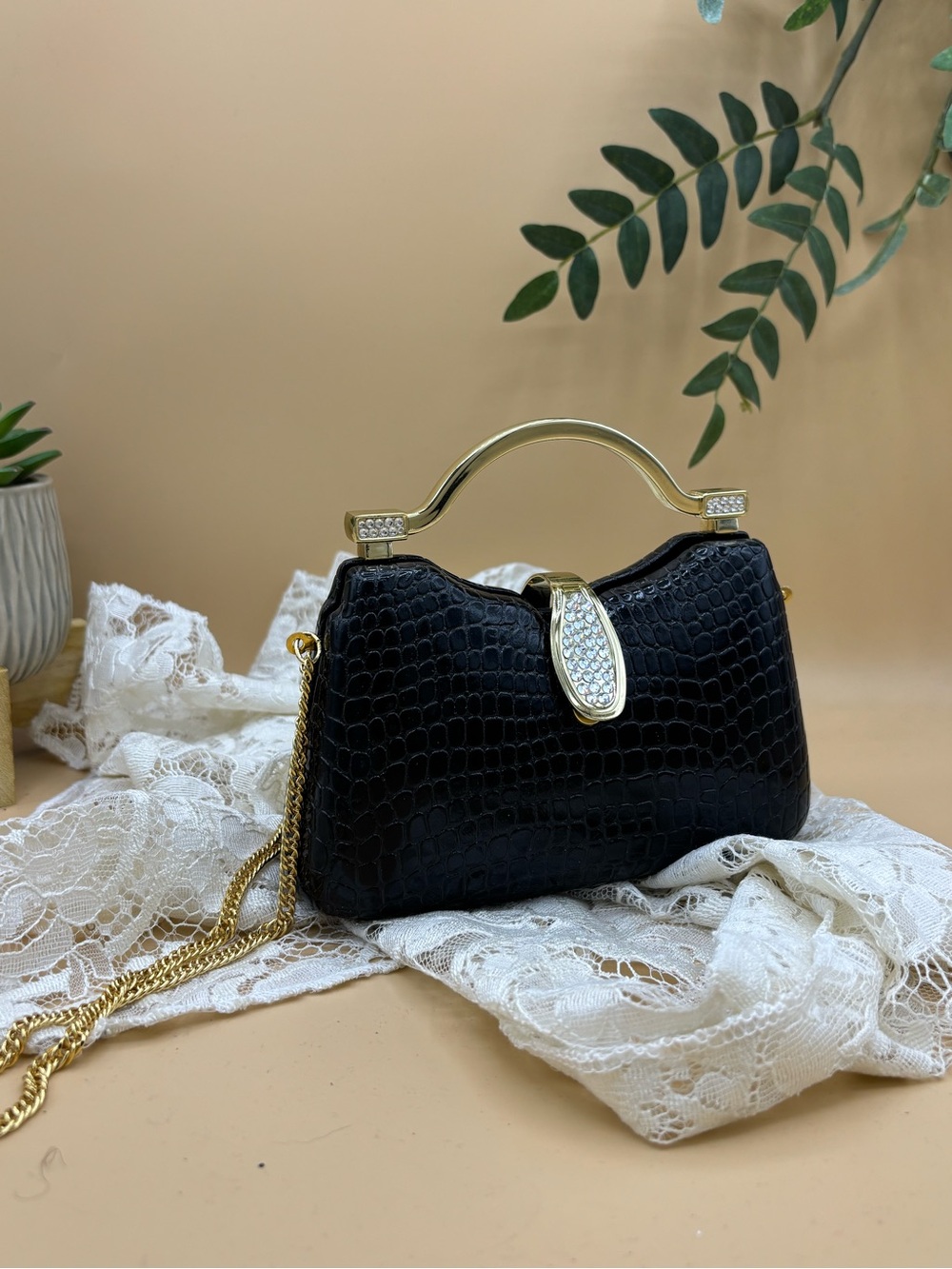 Black Faux Croc Mini Handbag Rhinestone Gold Handle Chain Strap